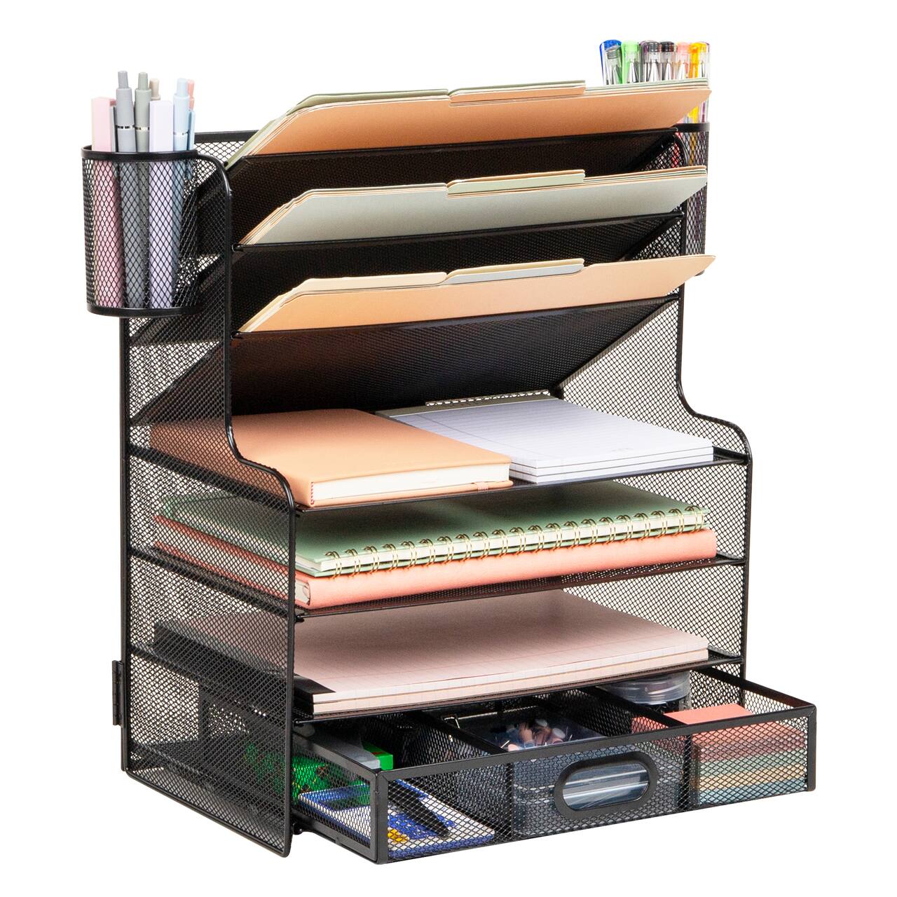 Mind Reader Mesh Desk Organizer, 6 Compartments, 1 Drawer, 2 Pen Cups, Office Desktop Organizer, Metal Mesh, Black